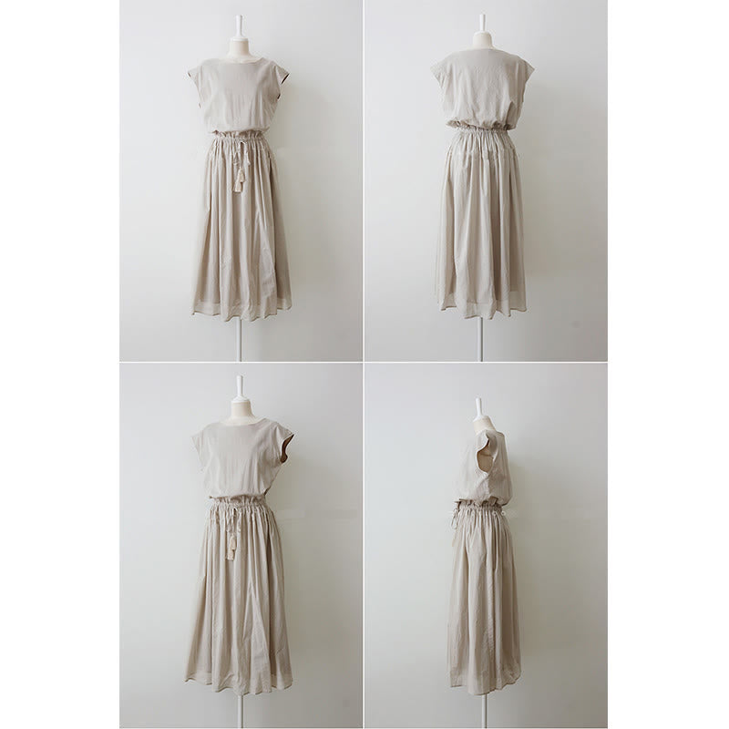 Robe midi décontractée en coton et lin à manches courtes avec cordon de serrage et motif Buddha Stones