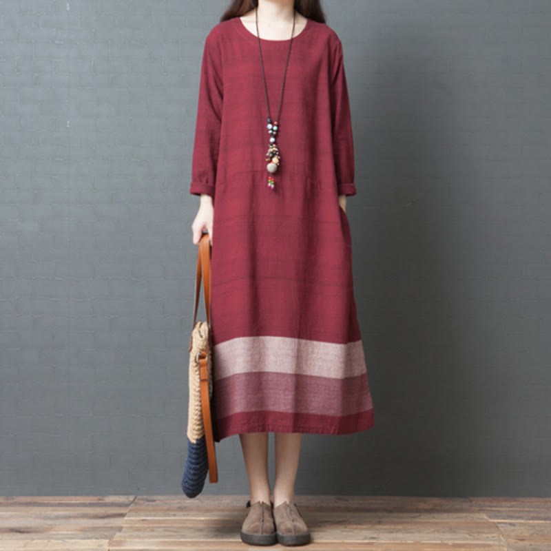 Robe midi décontractée en coton et lin à manches longues et rayures Buddha Stones avec poches - Cramoisi - US8-10，UK/AU12-14，EU40-42 (2XL) - image 11