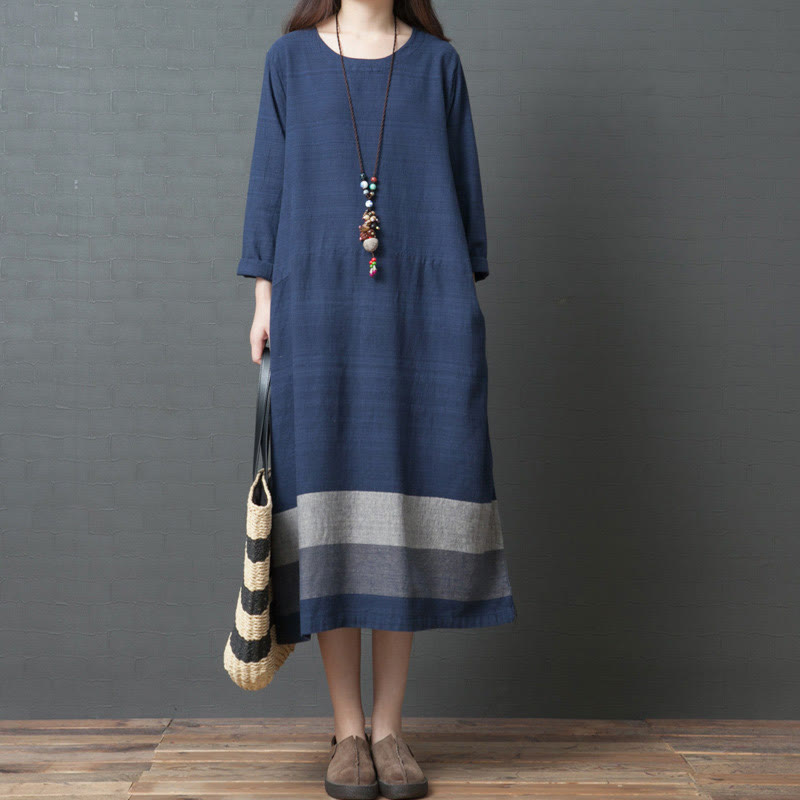 Robe midi décontractée en coton et lin à manches longues et rayures Buddha Stones avec poches - Bleu acier - US8-10，UK/AU12-14，EU40-42 (2XL) - image 0