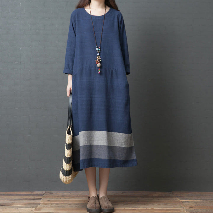 Robe midi décontractée en coton et lin à manches longues et rayures Buddha Stones avec poches - Bleu acier - US8-10，UK/AU12-14，EU40-42 (2XL) - image 0