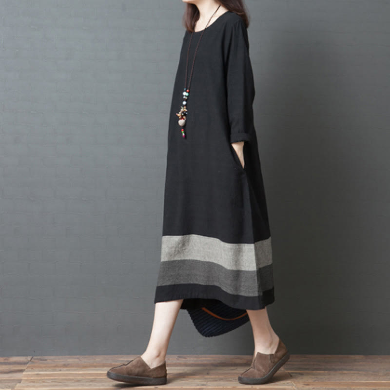 Robe midi décontractée en coton et lin à manches longues et rayures Buddha Stones avec poches - image 14