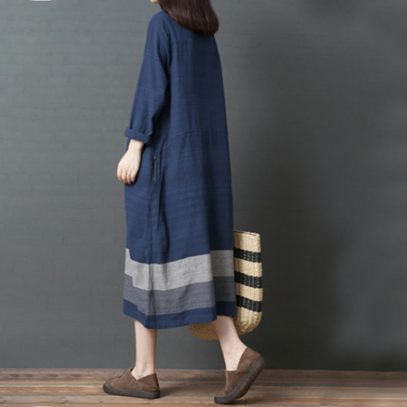 Robe midi décontractée en coton et lin à manches longues et rayures Buddha Stones avec poches - image 3