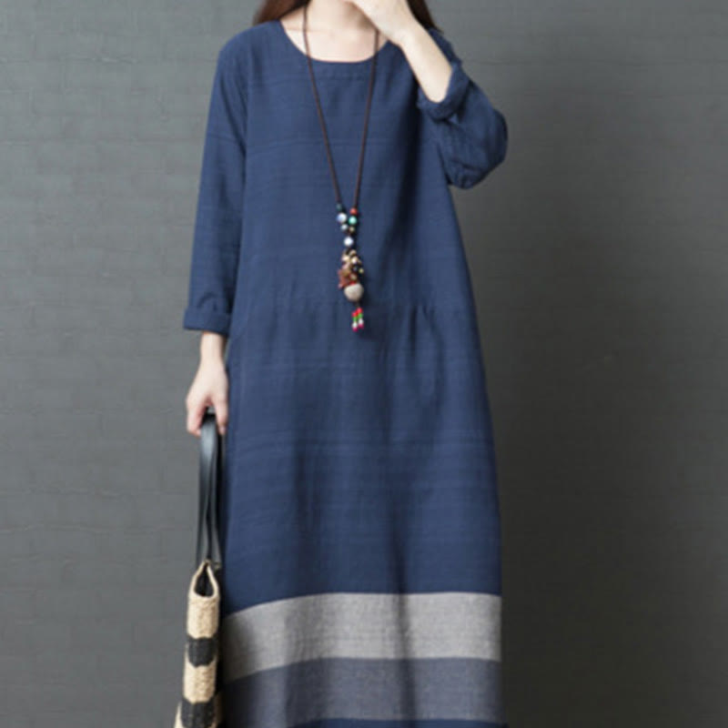 Robe midi décontractée en coton et lin à manches longues et rayures Buddha Stones avec poches - image 8