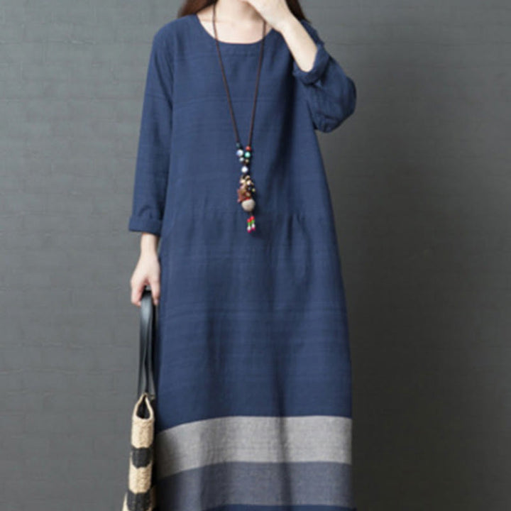 Robe midi décontractée en coton et lin à manches longues et rayures Buddha Stones avec poches - image 8