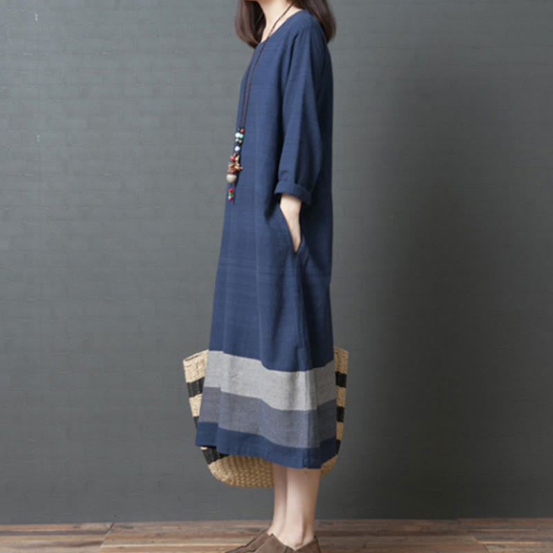 Robe midi décontractée en coton et lin à manches longues et rayures Buddha Stones avec poches - image 2