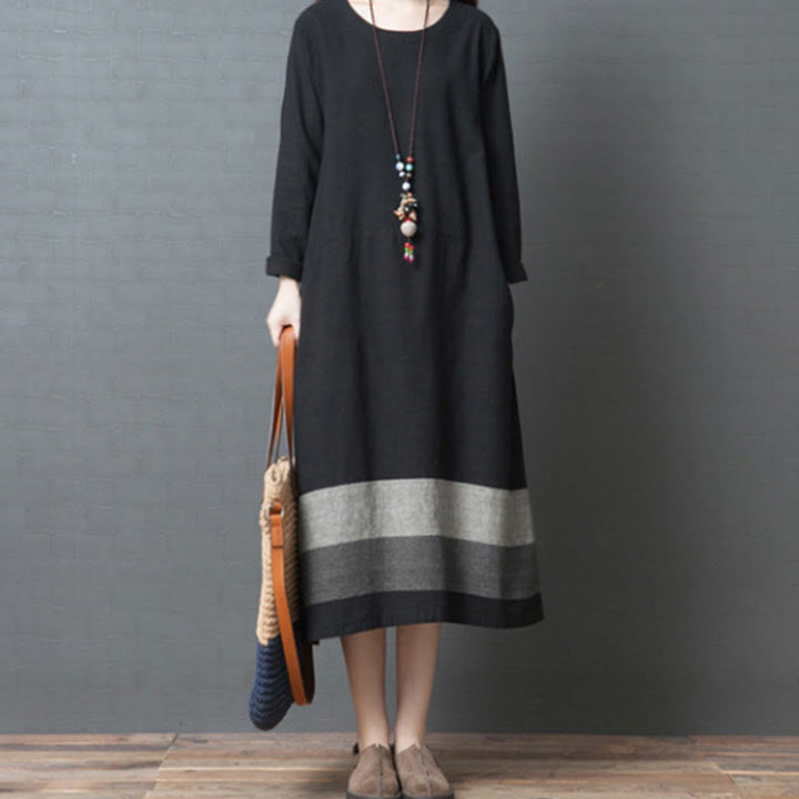 Robe midi décontractée en coton et lin à manches longues et rayures Buddha Stones avec poches - Noir - US8-10，UK/AU12-14，EU40-42 (2XL) - image 13