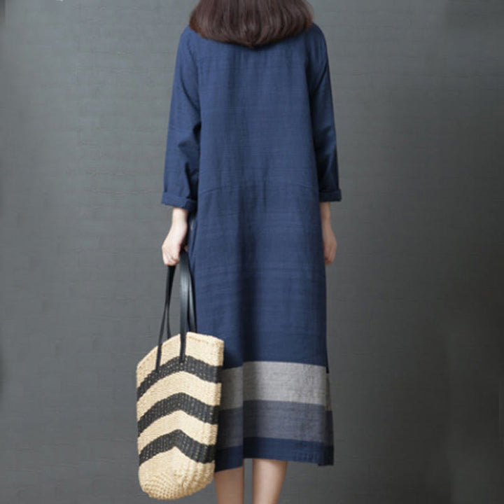 Robe midi décontractée en coton et lin à manches longues et rayures Buddha Stones avec poches - image 9