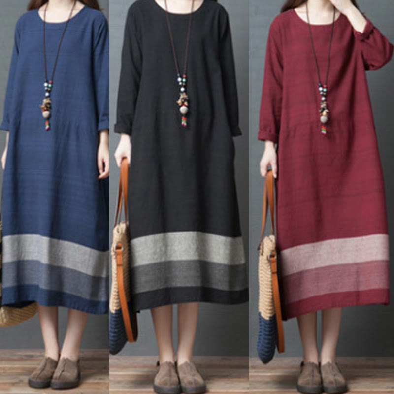 Robe midi décontractée en coton et lin à manches longues et rayures Buddha Stones avec poches - image 16