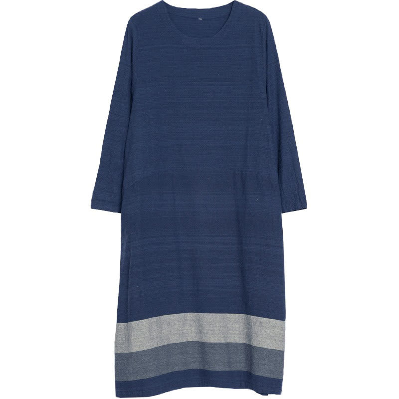 Robe midi décontractée en coton et lin à manches longues et rayures Buddha Stones avec poches - image 10