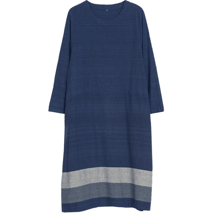 Robe midi décontractée en coton et lin à manches longues et rayures Buddha Stones avec poches - image 10
