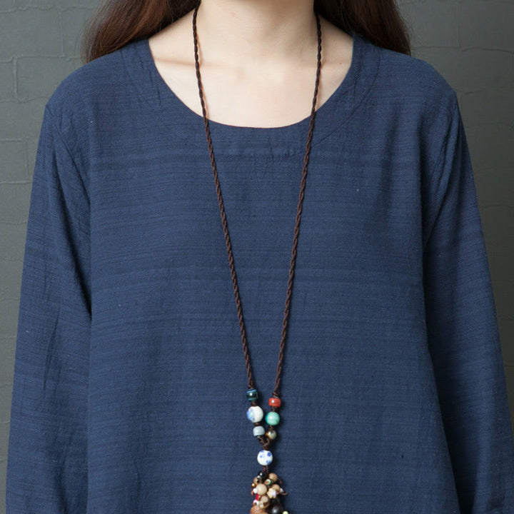 Robe midi décontractée en coton et lin à manches longues et rayures Buddha Stones avec poches - image 5