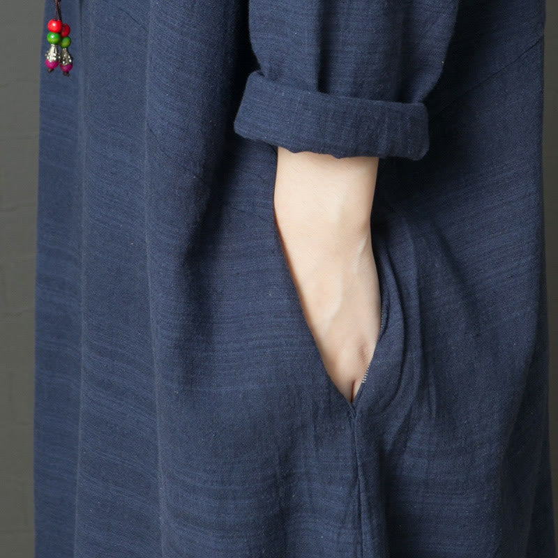 Robe midi décontractée en coton et lin à manches longues et rayures Buddha Stones avec poches - image 4
