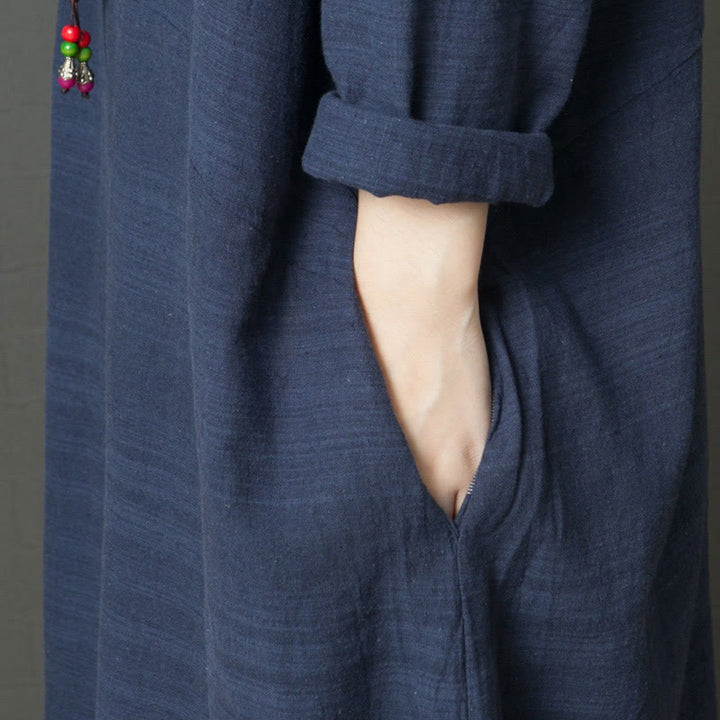 Robe midi décontractée en coton et lin à manches longues et rayures Buddha Stones avec poches - image 4