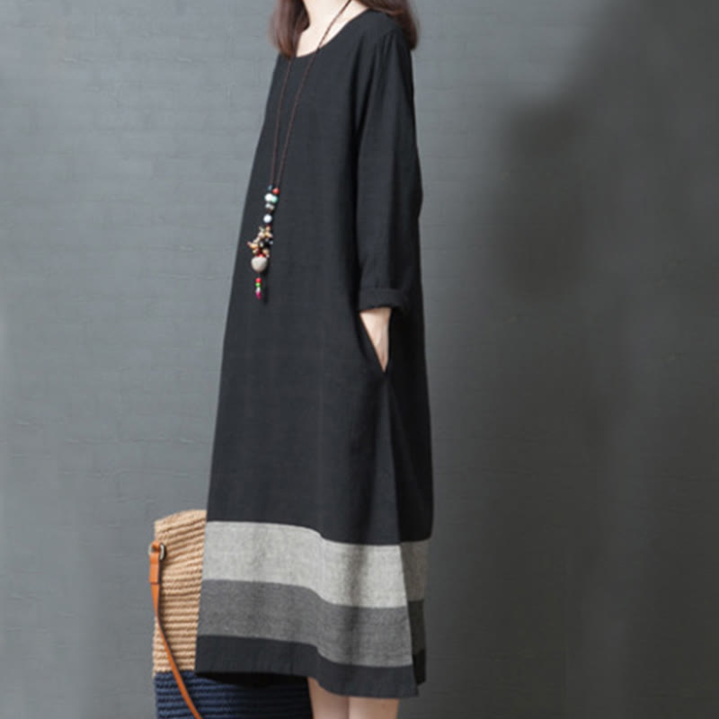 Robe midi décontractée en coton et lin à manches longues et rayures Buddha Stones avec poches - image 15