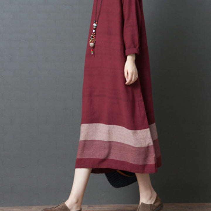 Robe midi décontractée en coton et lin à manches longues et rayures Buddha Stones avec poches - image 12