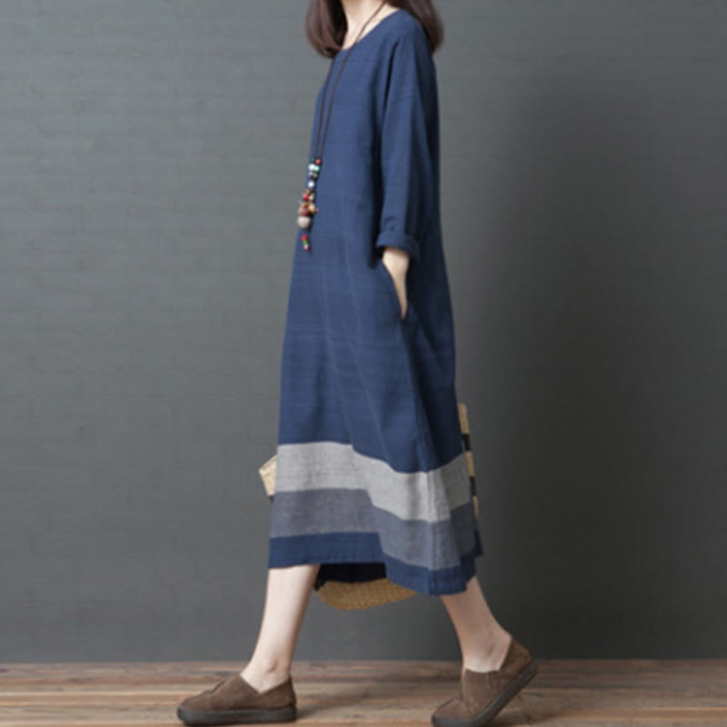 Robe midi décontractée en coton et lin à manches longues et rayures Buddha Stones avec poches - image 6