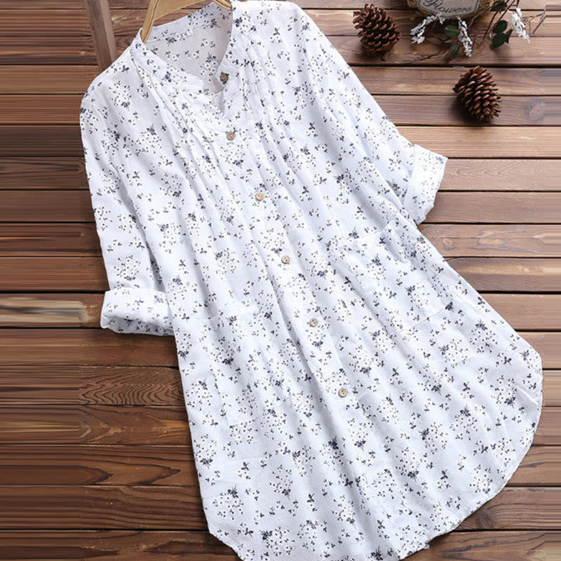 Chemise femme en coton à manches longues et boutons floraux avec Buddha Stones - Blanc - US8-10，UK/AU12-14，EU40-42 (2XL) - image 0