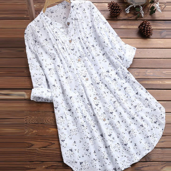 Chemise femme en coton à manches longues et boutons floraux avec Buddha Stones - Blanc - US8-10，UK/AU12-14，EU40-42 (2XL) - image 0