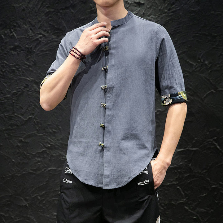 Chemise à manches mi-longues à boutons grenouille et motif dragon et vagues pour homme Buddha Stones