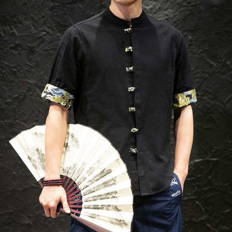 Chemise à manches mi-longues à boutons grenouille et motif dragon et vagues pour homme Buddha Stones