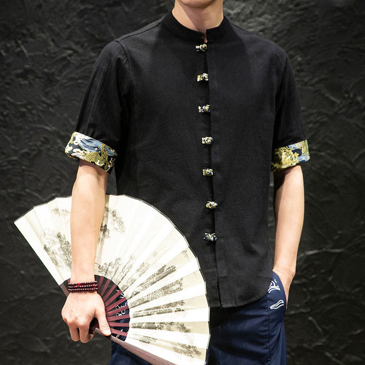 Chemise à manches mi-longues à boutons grenouille et motif dragon et vagues pour homme Buddha Stones