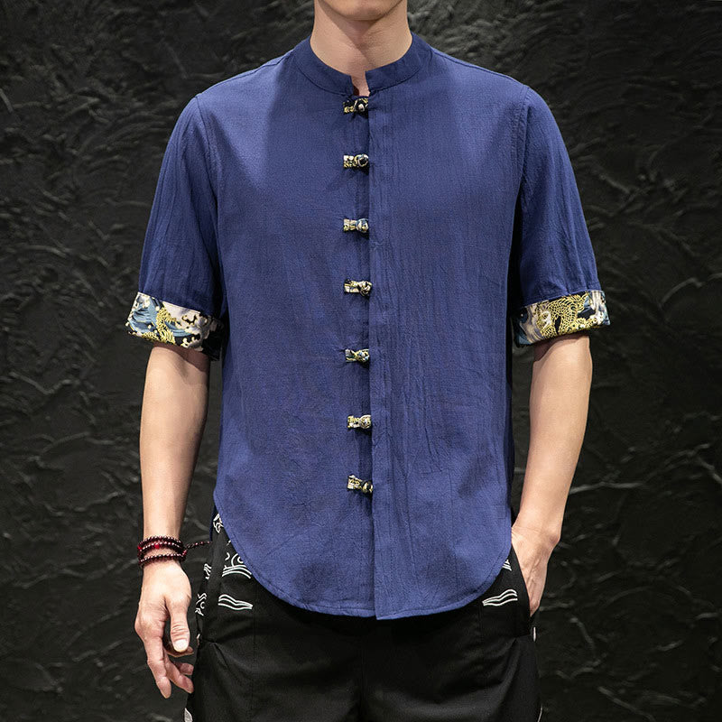 Chemise à manches mi-longues à boutons grenouille et motif dragon et vagues pour homme Buddha Stones