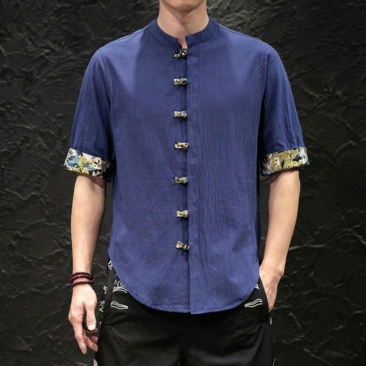 Chemise à manches mi-longues à boutons grenouille et motif dragon et vagues pour homme Buddha Stones