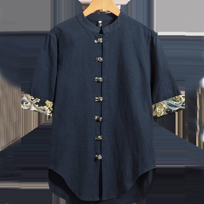 Chemise à manches mi-longues à boutons grenouille et motif dragon et vagues pour homme Buddha Stones