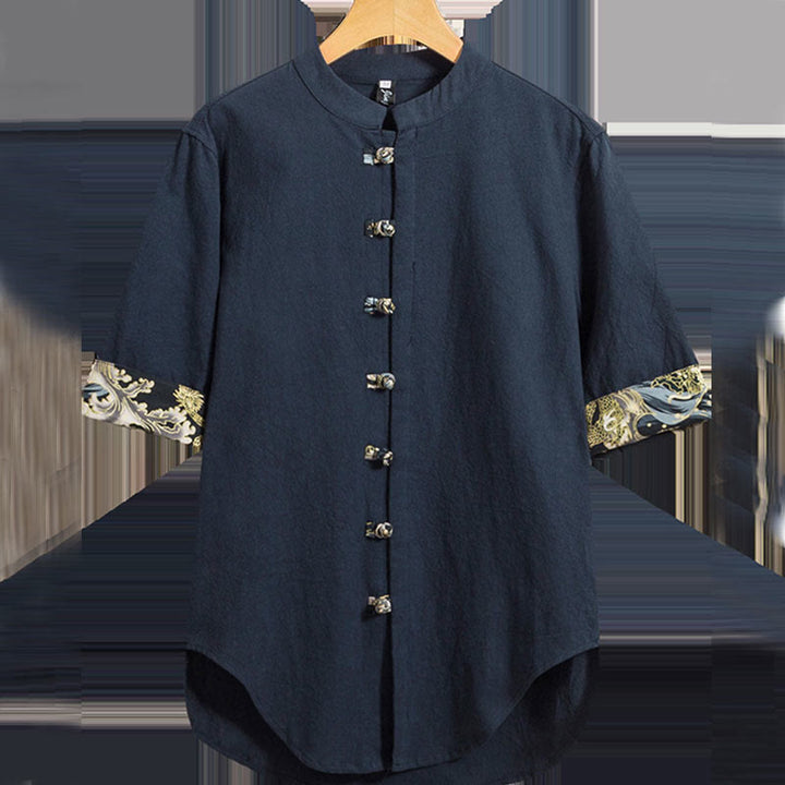 Chemise à manches mi-longues à boutons grenouille et motif dragon et vagues pour homme Buddha Stones