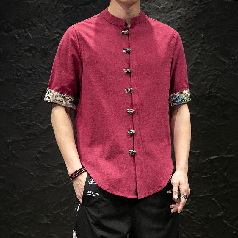 Chemise à manches mi-longues à boutons grenouille et motif dragon et vagues pour homme Buddha Stones