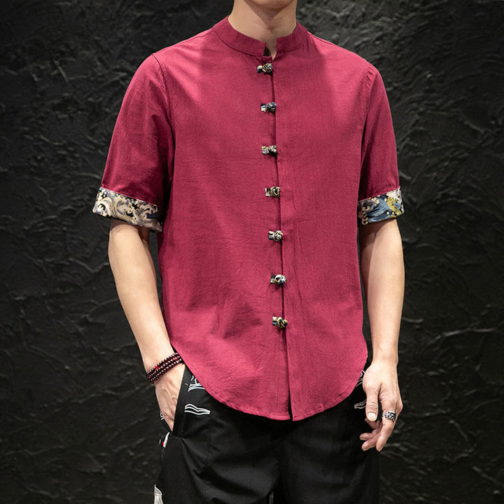 Chemise à manches mi-longues à boutons grenouille et motif dragon et vagues pour homme Buddha Stones