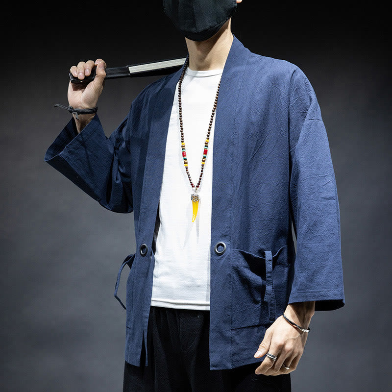 Veste kimono en coton pour homme, couleur unie, à lacets et devant ouvert, motif Buddha Stones