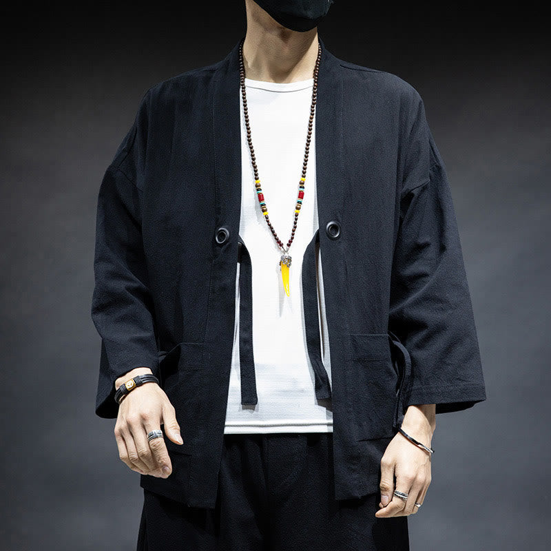 Veste kimono en coton pour homme, couleur unie, à lacets et devant ouvert, motif Buddha Stones