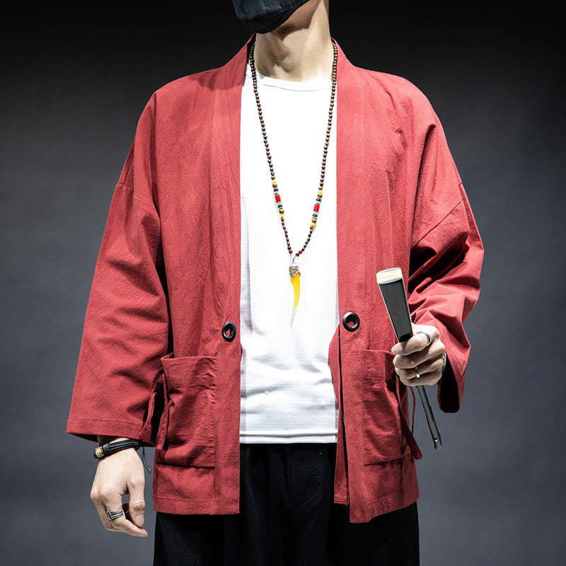 Veste kimono en coton pour homme, couleur unie, à lacets et devant ouvert, motif Buddha Stones