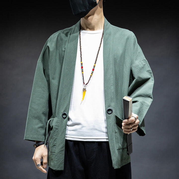 Veste kimono en coton pour homme, couleur unie, à lacets et devant ouvert, motif Buddha Stones