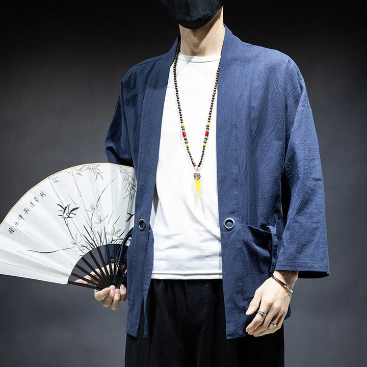 Veste kimono en coton pour homme, couleur unie, à lacets et devant ouvert, motif Buddha Stones