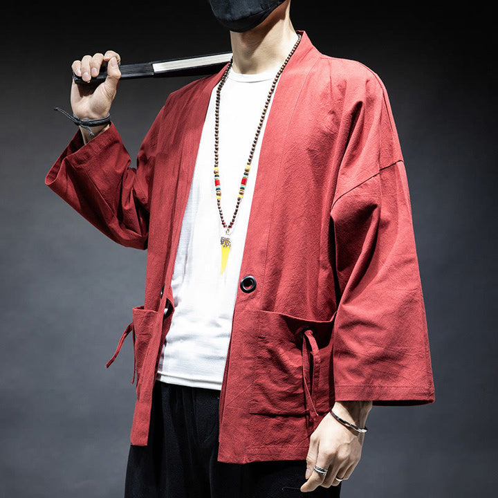 Veste kimono en coton pour homme, couleur unie, à lacets et devant ouvert, motif Buddha Stones