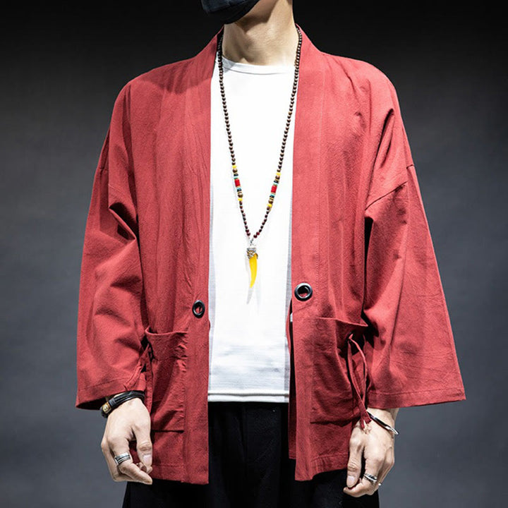 Veste kimono en coton pour homme, couleur unie, à lacets et devant ouvert, motif Buddha Stones