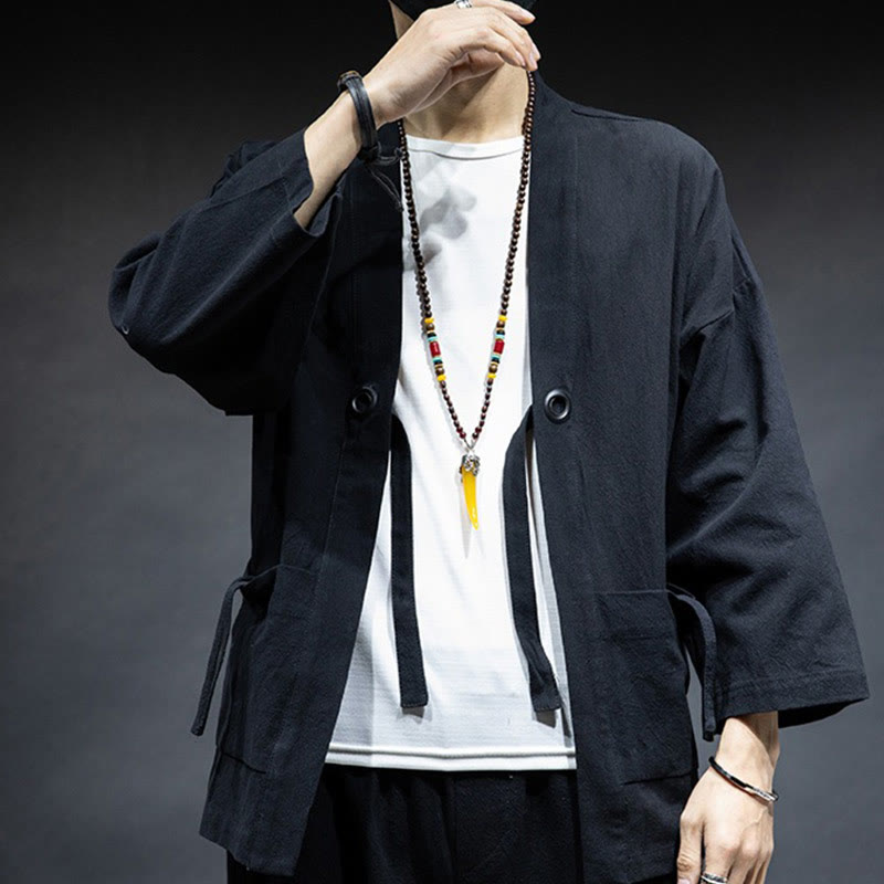 Veste kimono en coton pour homme, couleur unie, à lacets et devant ouvert, motif Buddha Stones