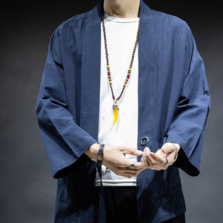 Veste kimono en coton pour homme, couleur unie, à lacets et devant ouvert, motif Buddha Stones