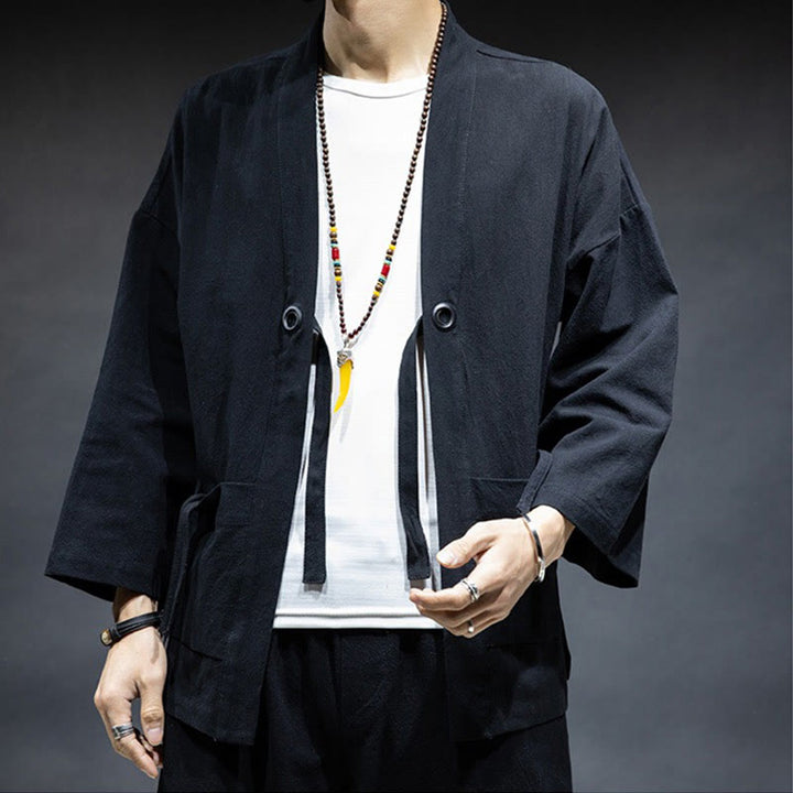 Veste kimono en coton pour homme, couleur unie, à lacets et devant ouvert, motif Buddha Stones