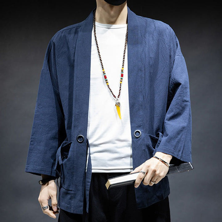 Veste kimono en coton pour homme, couleur unie, à lacets et devant ouvert, motif Buddha Stones