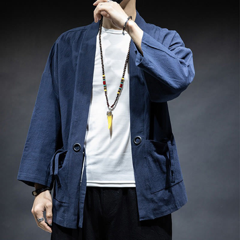 Veste kimono en coton pour homme, couleur unie, à lacets et devant ouvert, motif Buddha Stones - image 3