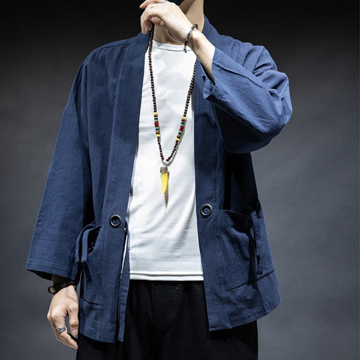 Veste kimono en coton pour homme, couleur unie, à lacets et devant ouvert, motif Buddha Stones - image 3