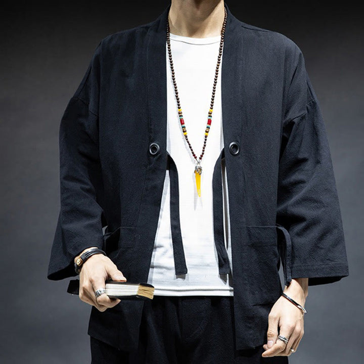 Veste kimono en coton pour homme, couleur unie, à lacets et devant ouvert, motif Buddha Stones - image 8