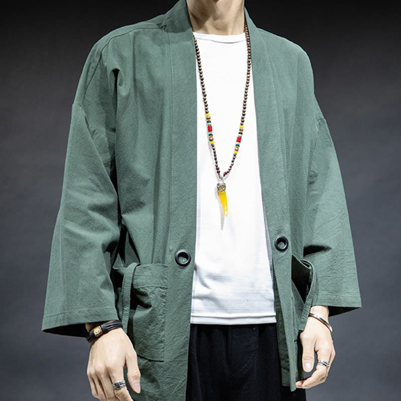 Veste kimono en coton pour homme, couleur unie, à lacets et devant ouvert, motif Buddha Stones