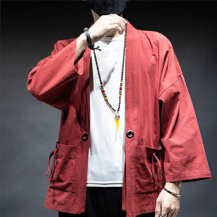 Veste kimono en coton pour homme, couleur unie, à lacets et devant ouvert, motif Buddha Stones