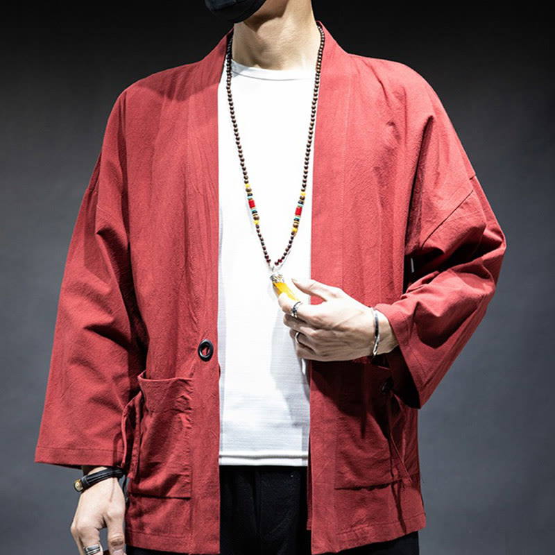 Veste kimono en coton pour homme, couleur unie, à lacets et devant ouvert, motif Buddha Stones