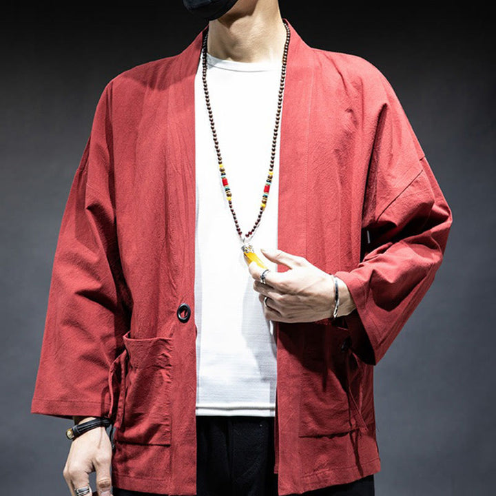Veste kimono en coton pour homme, couleur unie, à lacets et devant ouvert, motif Buddha Stones