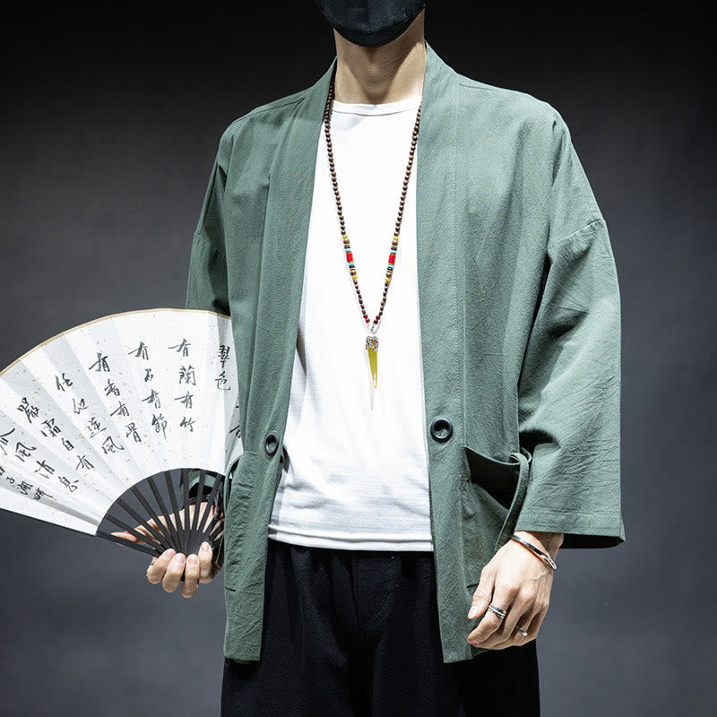 Veste kimono en coton pour homme, couleur unie, à lacets et devant ouvert, motif Buddha Stones